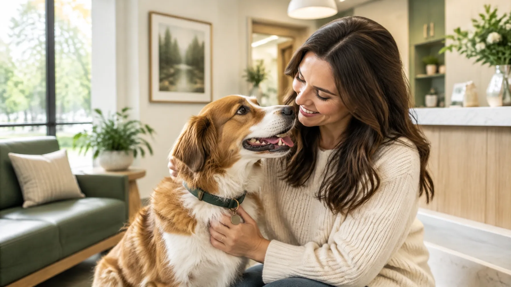 A woman sharing a calm, affectionate moment with her dog in a bright clinic setting